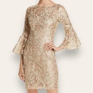 NWT AIDAN MATTOX DRESS SEQUIN LACE BELL SLEEVE SHEER MESH GOLD NUDE SHORT MINI